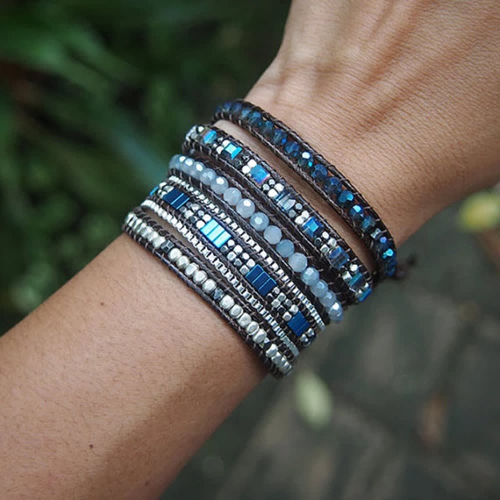 Men and Women 4mm Bead Blue Adjustable Bohemian Crystal Healing Wrap Statement Bead Bracelet